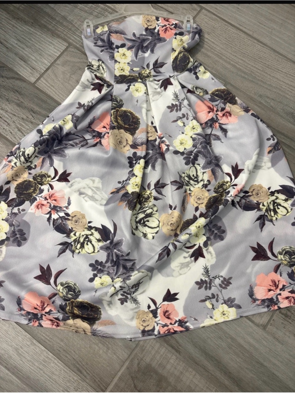Boohoo Floral Midi Skirt in Light Gray with Pink and Cream Blooms